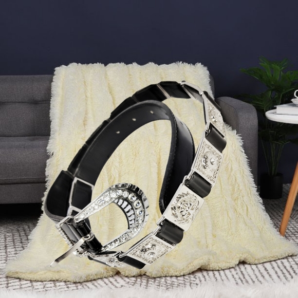 .👣4/$20. Black Leather Women's Belt and Silver Tone Accents  Buckle Rhinestones - Picture 6 of 7